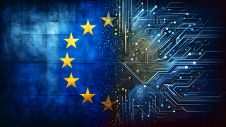 Digitalization in Europe. EU flag goes over into digital data lines and points.