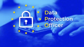 DPO - Data Protection Officer. EU flag with blue photo background